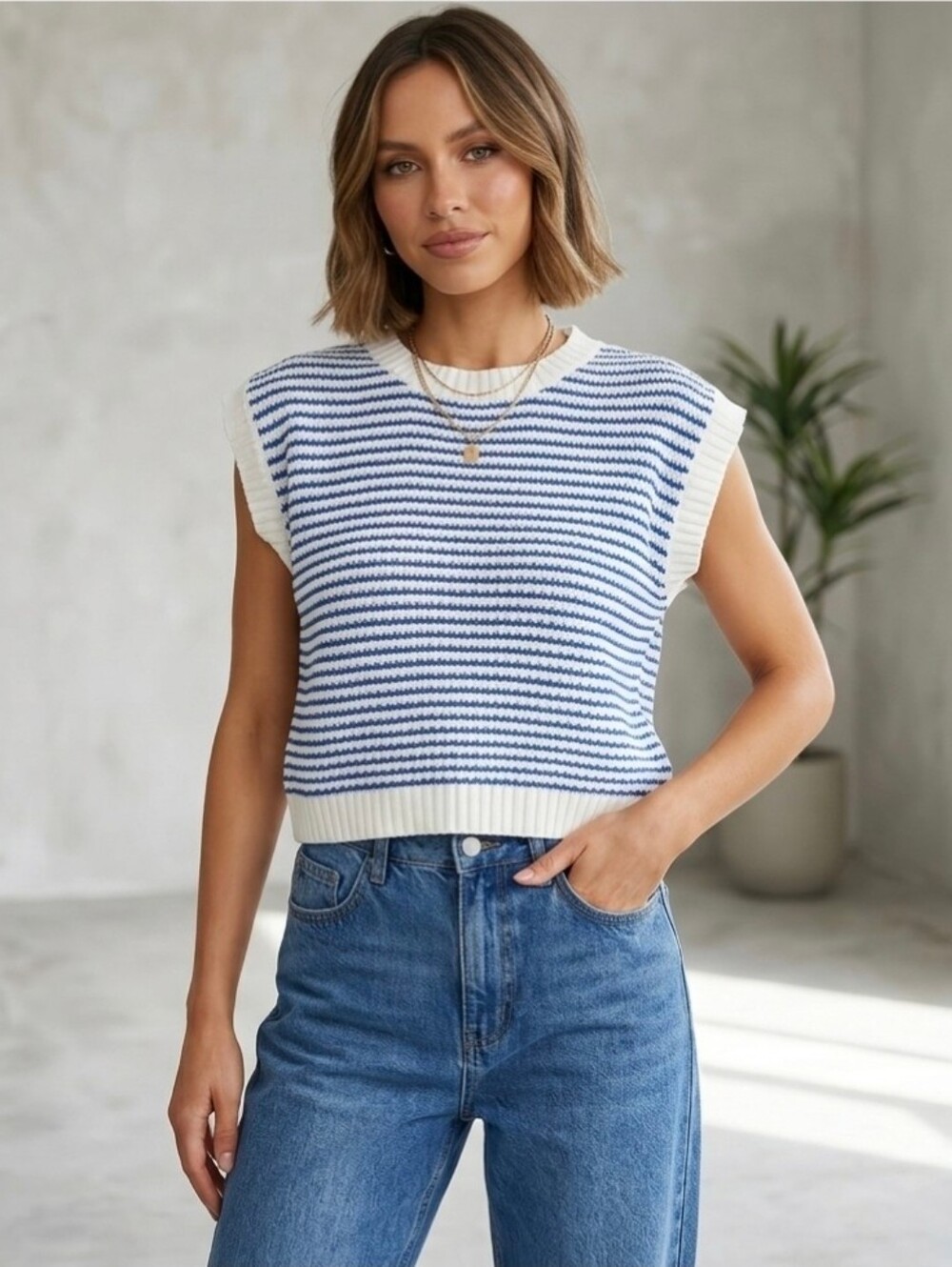 Knit Mix Blue Cropped Striped Sweater Size M Medium Crop Stripe Sleeveless Shirt